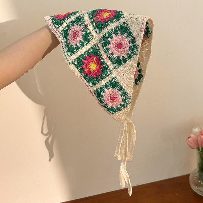 Knitted Crochet Headscarf French Pastoral Triangle Headband Handmade Soft Hair Wrapper for Beach Picnic Holiday Boho Fashion