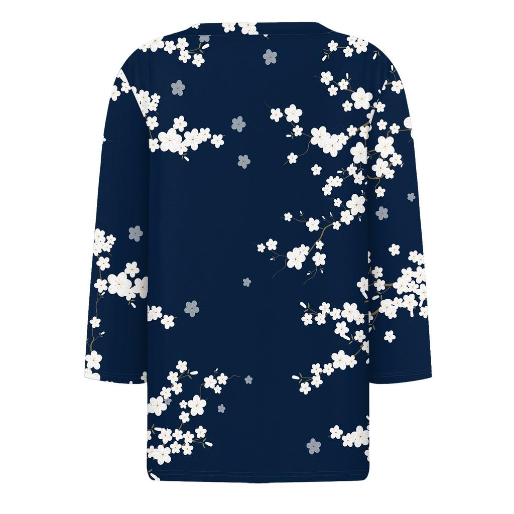 Women's Fashionable And Casual Floral Print V Neck 3/4 Sleeve T Shirt Top Basic V Neck Regular Top