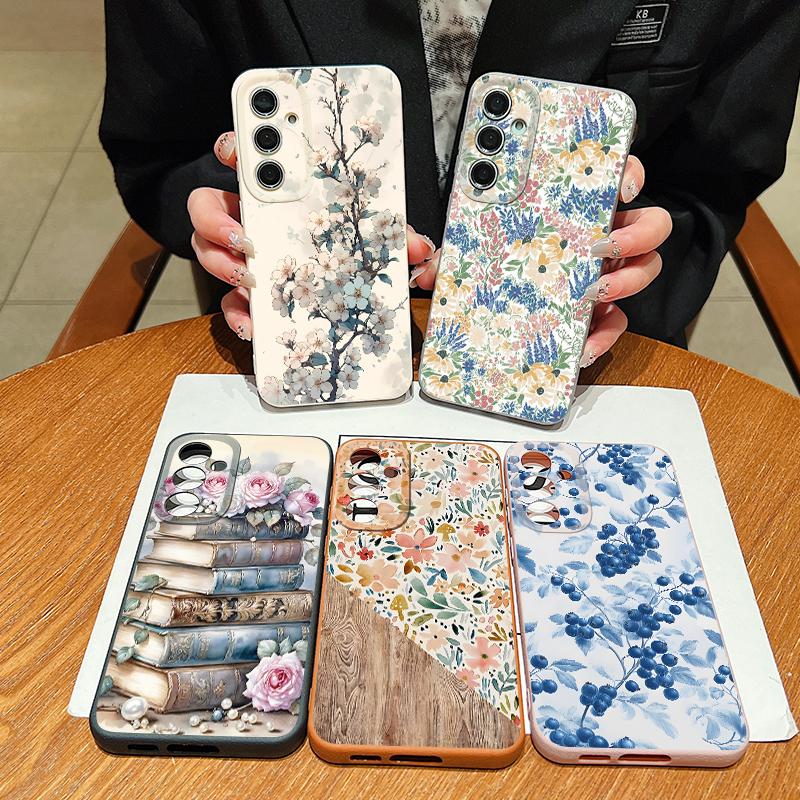 Book Flowers Print Case For Samsung A18 A57 A37 A17 A56 A36 A26 A16 A55 A35 A25 A15 A54 S21 FE S22 S23 S24 Plus S25 S26 Ultra Silicone Cover