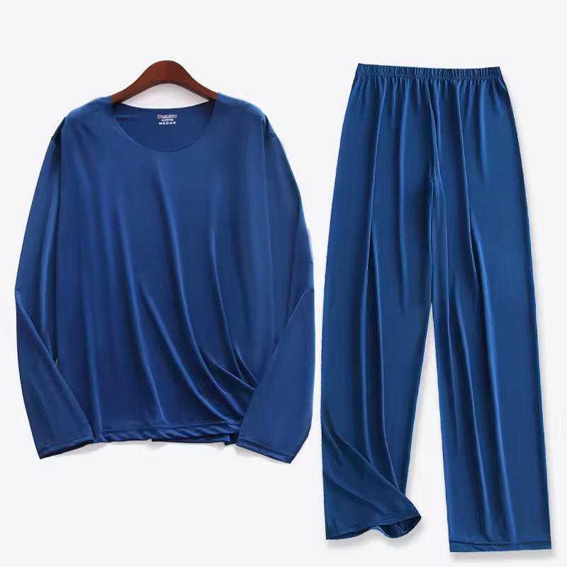 

Spring and Summer Plus Size 5XL Men s Ice Silk Pajama Set Solid Long Sleeve Tops and Pants Sleepwear 2pcs Sets Soft Comfy Lounge Home Nightwear Male XXXXXL