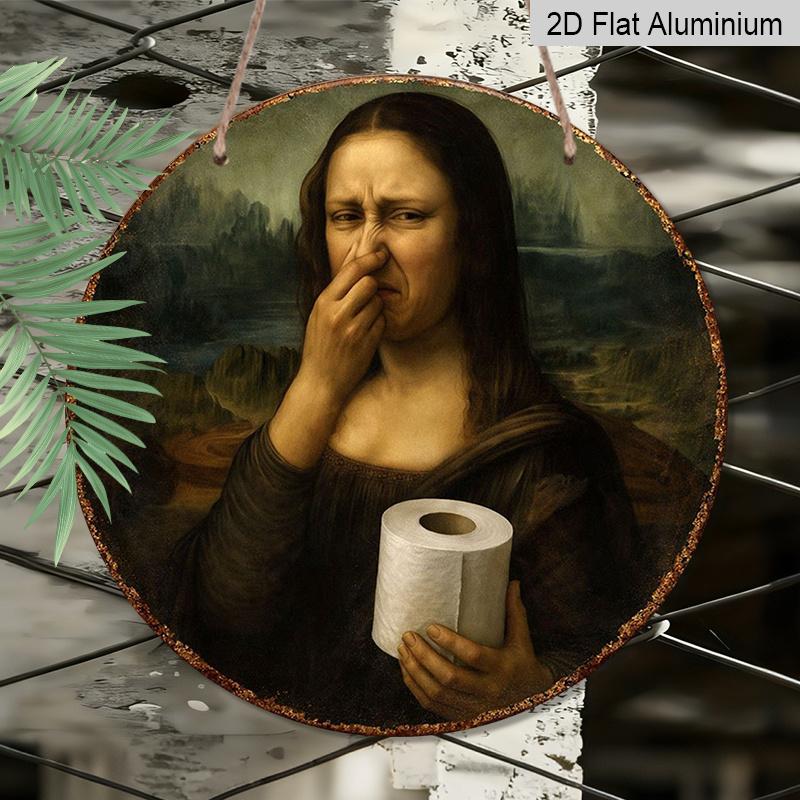 2D Flat, 1pc Funny Mona Lisa Covering Nose Restroom Aluminum Sign - Vintage Bathroom Wall Decor, Waterproof Rust-Proof Wall Plaque, Suitable for