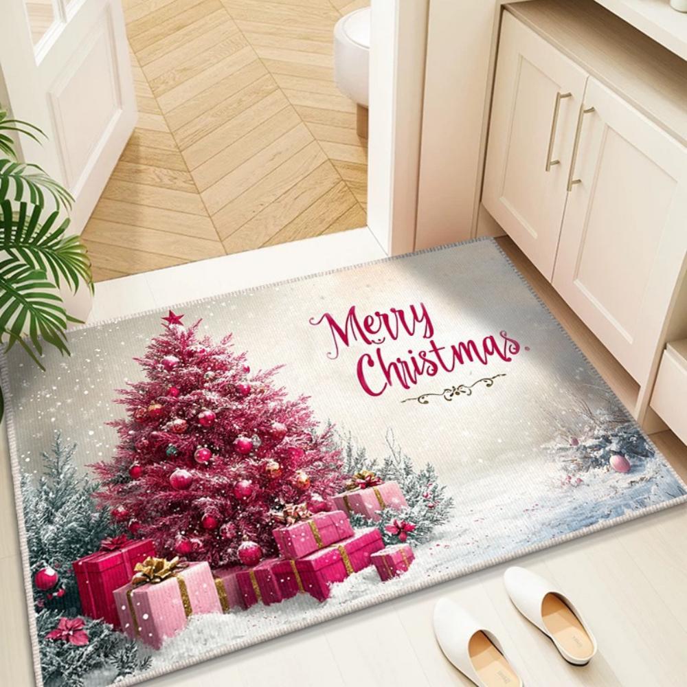 Christmas Gnome Snowman Tree Pattern Doormat Pink and Blue Color Scheme Non Slip Entrance Rug for Living Room Bedroom Decor