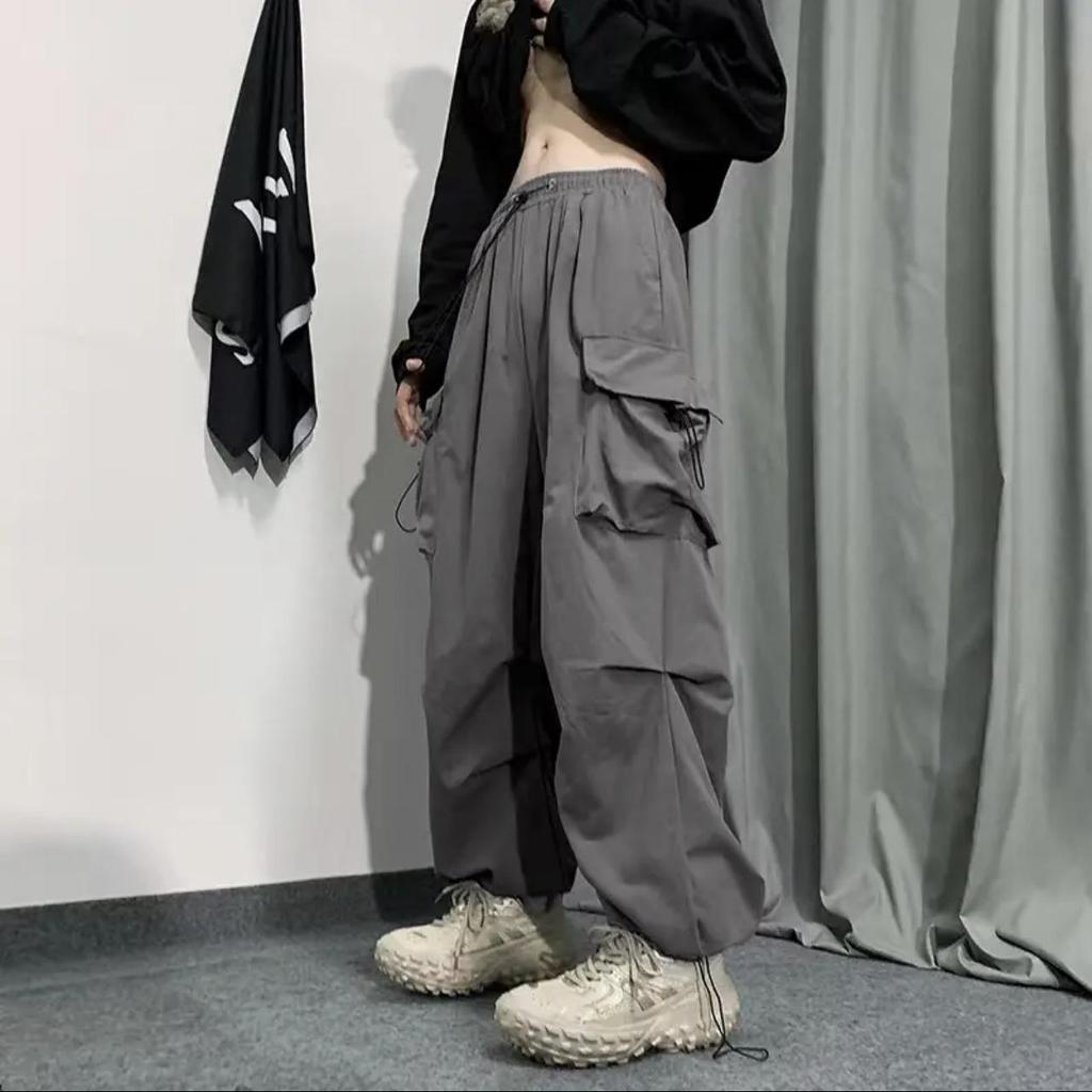 American Style Men's Workwear Casual Wide-Leg Pants with Drawstring and Cuffed Hem