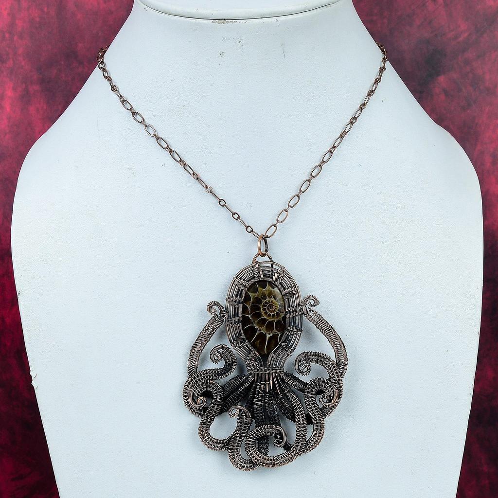 Ammonite Fossil Gemstone Pendant Octopus Pendant Copper Wire Wrapped Jewelry