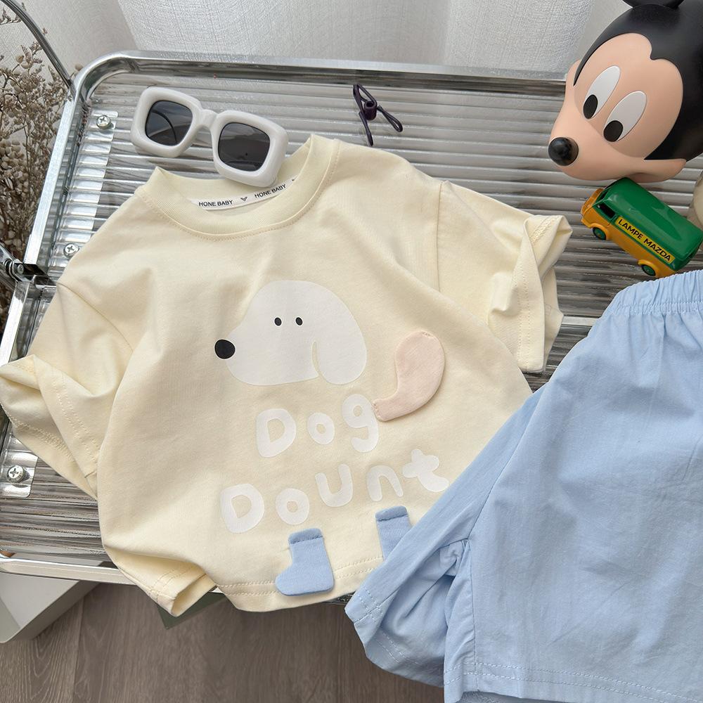 Girls Summer Cotton Cartoon Dog Print Short Sleeve T Shirt And Shorts Casual Two Piece Set For Kids