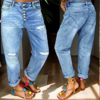 Damen Loch Hohe Taille Mom Jeans Schlaghose Denim Herbst Lässig Lang Streetwear Hosen Capri Baggy Jeans