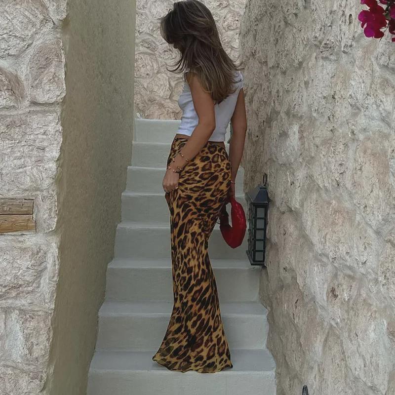 Leopard Print Mesh Low-Waist Fishtail Skirt for Women