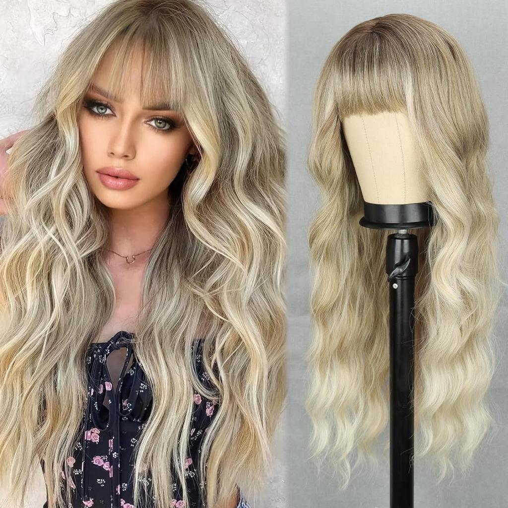 Long Auburn Wigs with Bangs Long Wavy Wigs for Women 26 Inch Copper Red Middle Part Copper Wavy Wig Natural Looking Synthetic Auburn Long Wig
