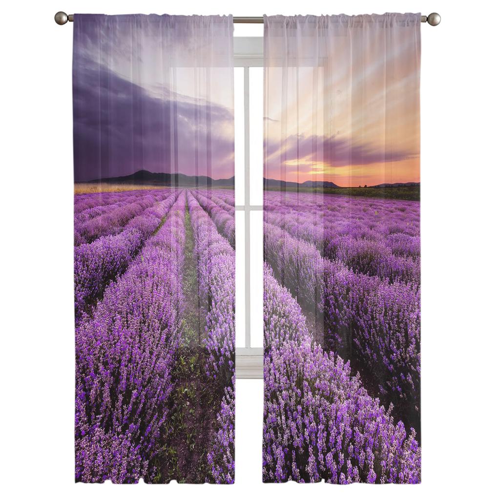 Lavender Sunset Purple Flower Field Tulle Sheer Window Curtains for Living Room Kitchen Children Bedroom Voile Hanging Curtain
