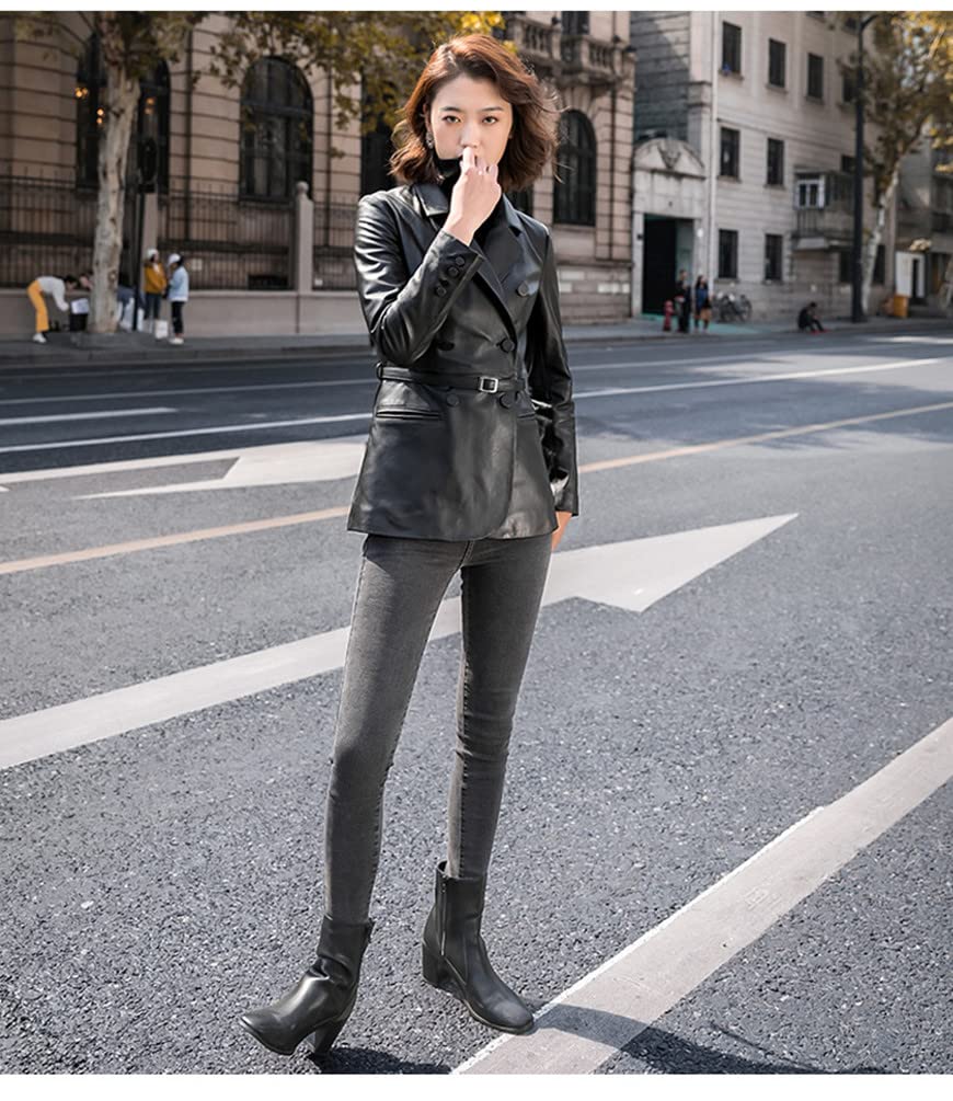 JINLUN Genuine Sheepskin and Lambskin Leather Winter Women's Jacket, Tailored, Spring, Autumn, (XL, Black)