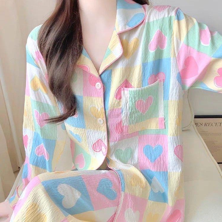 Women's Spring & Autumn Pajama Set - Sweet Style, Long Sleeve & Pants, Loose Fit, Spandex Cotton Ice Silk, Wear Outside.