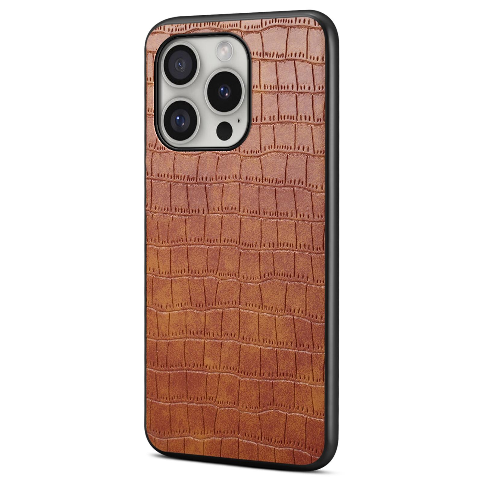 

For iPhone 16 Pro Case Crocodile Texture Leather Coated PC+TPU Phone Cover Brown