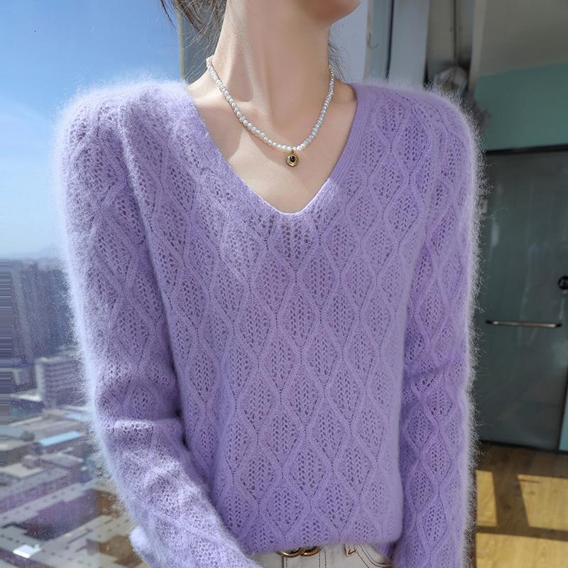 Жіночий светр з норкової вовни з довгим рукавом класичного крою, м'який повсякденний трикотажний топ