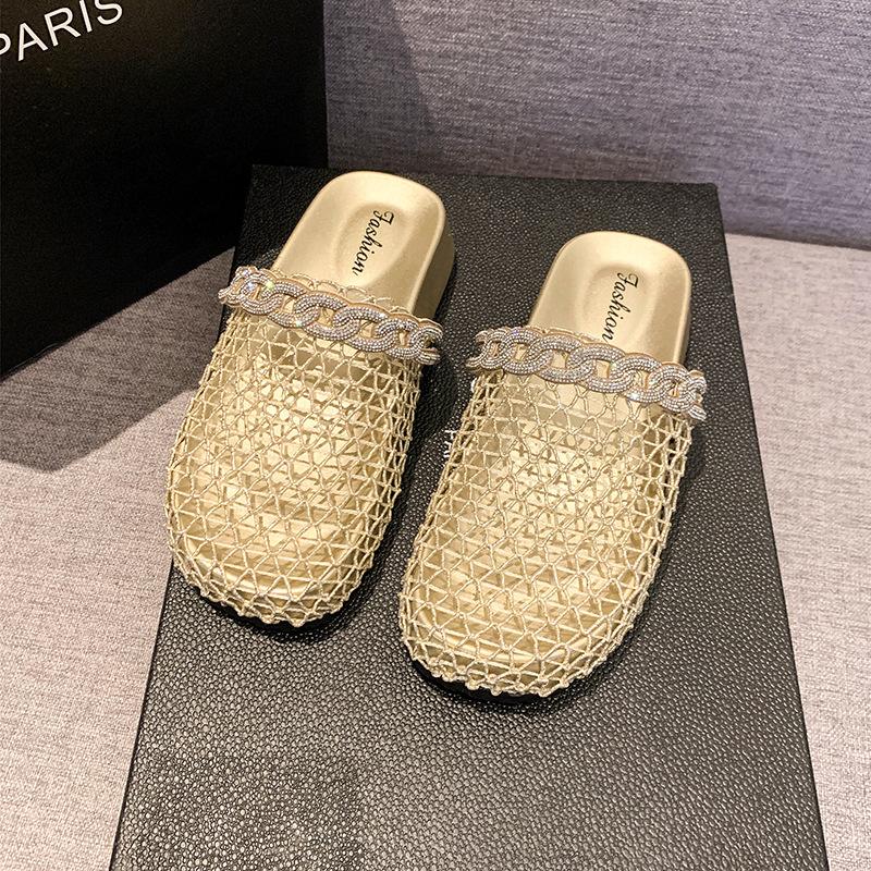 Fashion Summer Women's Slippers Flat Breathable Round Toe Rhinestones Women's Mules Mesh Fashion Outdoor Beach Shoes Zapatillas De Mujer