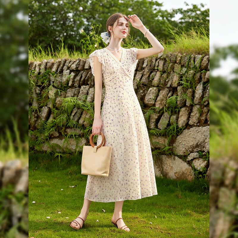 Women s Elegant Floral V-Neck Ruffle Maxi Dress S