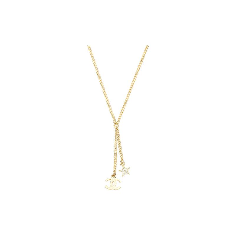 Chanel Double C Star Double C Rhinestone Necklace Women's Gold