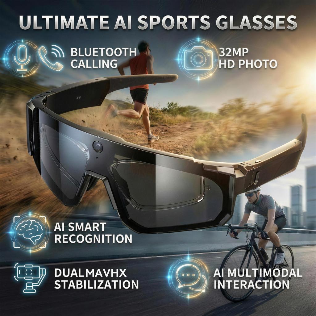New 800W HD Smart Glasses 32GB Anti-Shake Camera Glasse Video Record AI Translation Sport Sunglasses Driving IP66 Goggles Bluetooth Playback Unisex