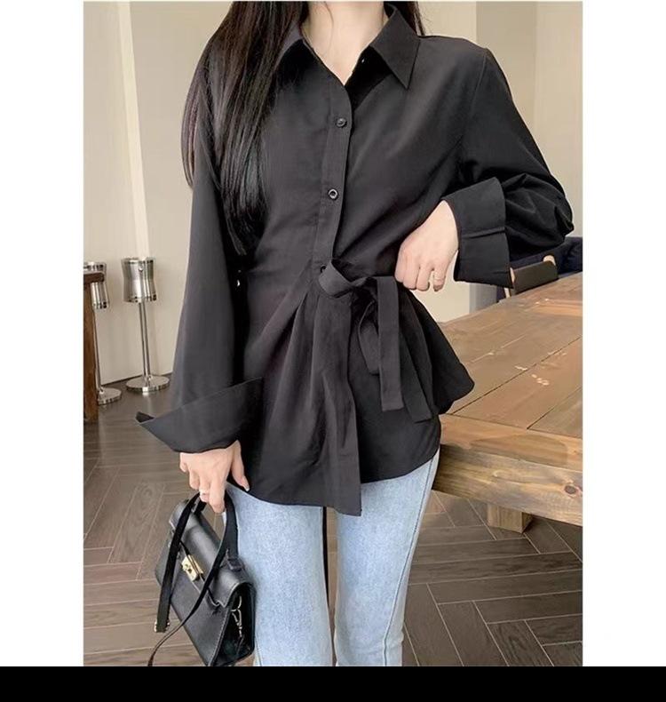 

Французская женская блузка с длинным рукавом и завязкой на талии - Шикарный приталенный дизайн для весны и осени 2024 Medium чёрный