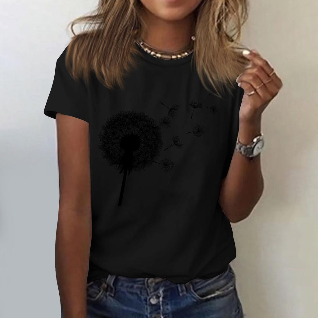 Women's Cute Printed Short Sleeve Round Neck Front Shoulder Vintage Short Sleeve Summer Loose Shirt Top