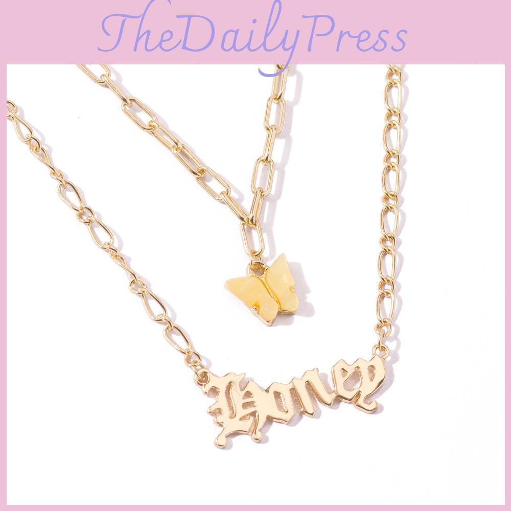 Chic Yellow Butterfly Honey Letter Necklace Elegant Layered Chain Accessory For Women