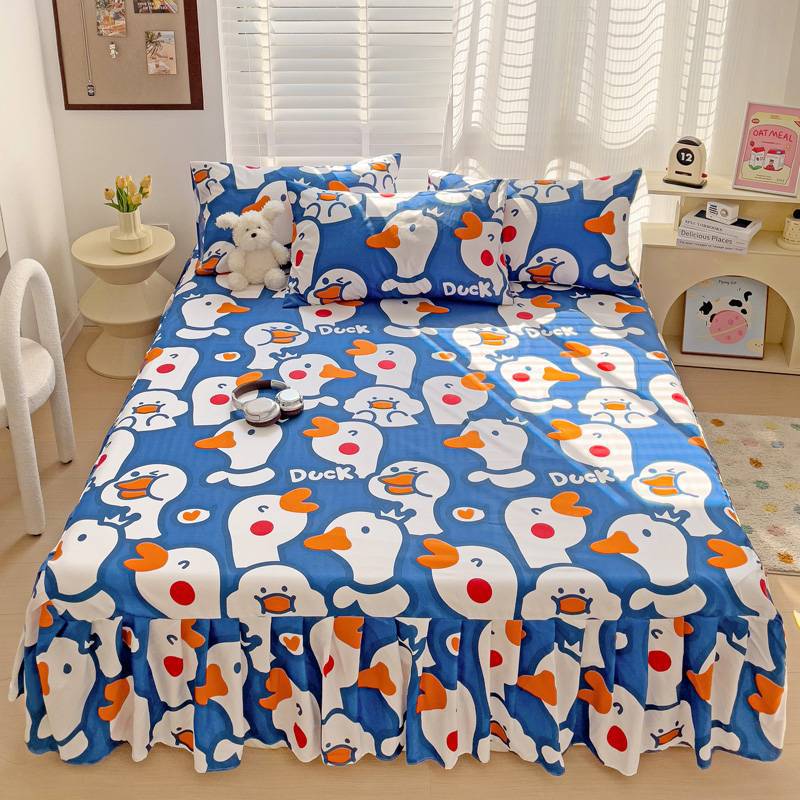 All Season Universal Ruffle Edge Single Bed Cover Printed Cotton Bed Skirt Three Piece Set Soft Comfortable Bedding Bedspread