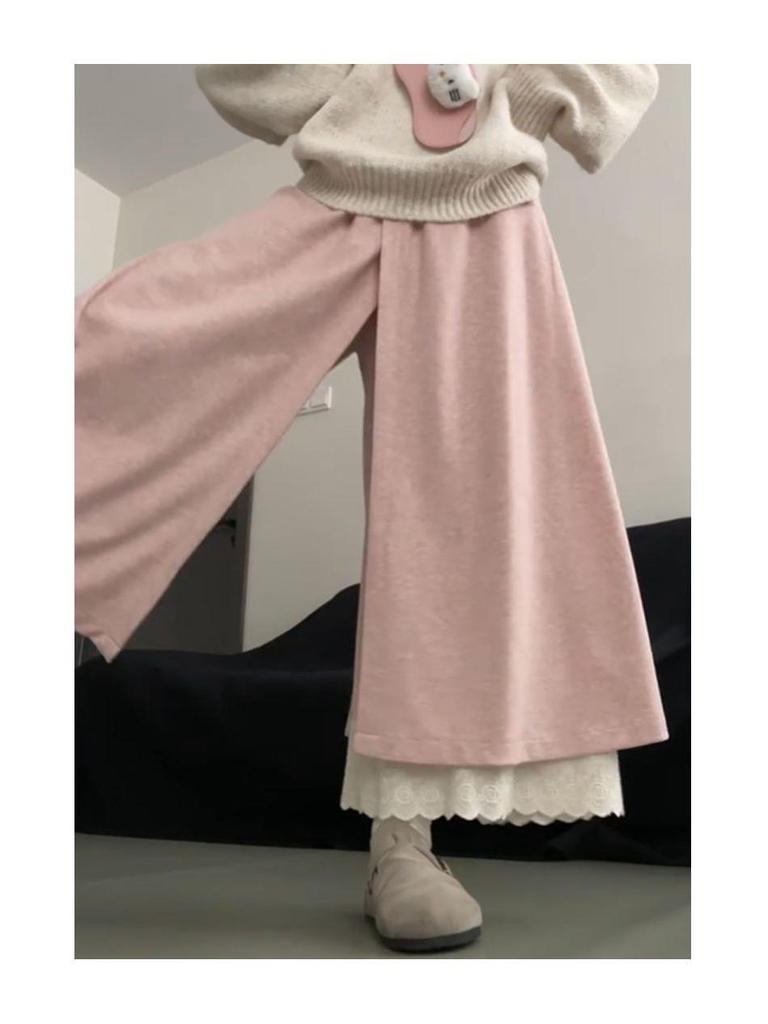 Patchwork Lace Trim High-Waisted Woolen Wide-Leg Pants for Women - Autumn/Winter Plus Velvet Casual Loose Fit.