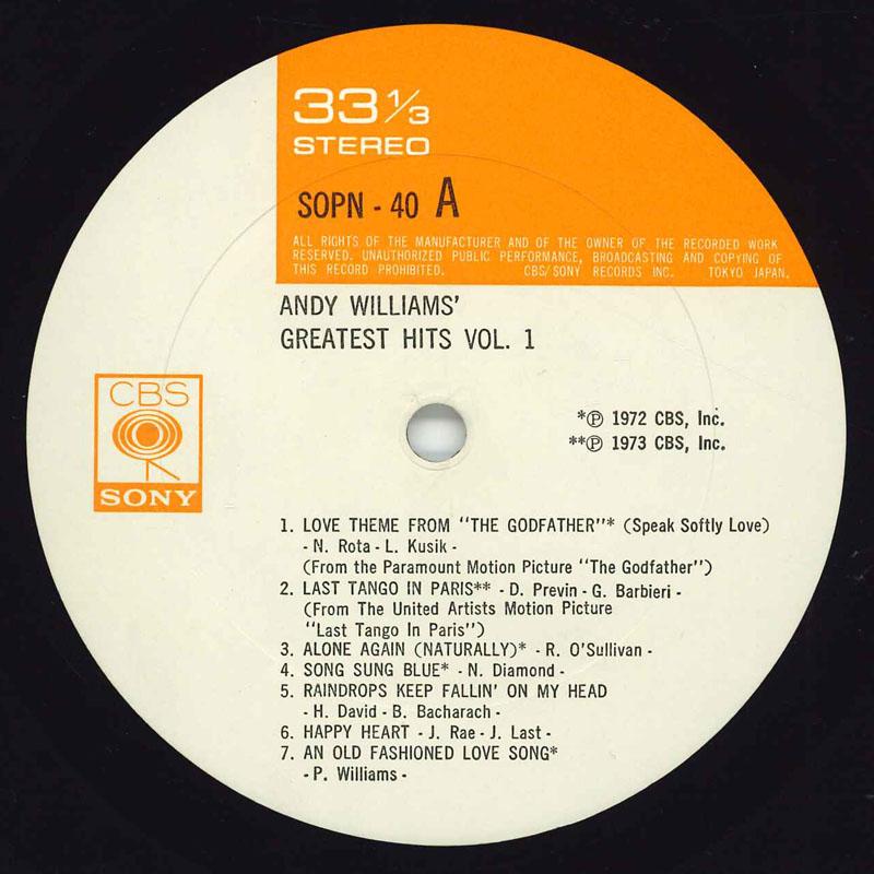 

LP Пластинка ANDY WILLIAMS - Greatest Hits Vol. 1 SOPN40 CBS SONY 1972 Япония Поп