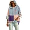 Women's Three-Quarter Sleeve Hooded Pullover Top with Patchwork Print for Casual Wear