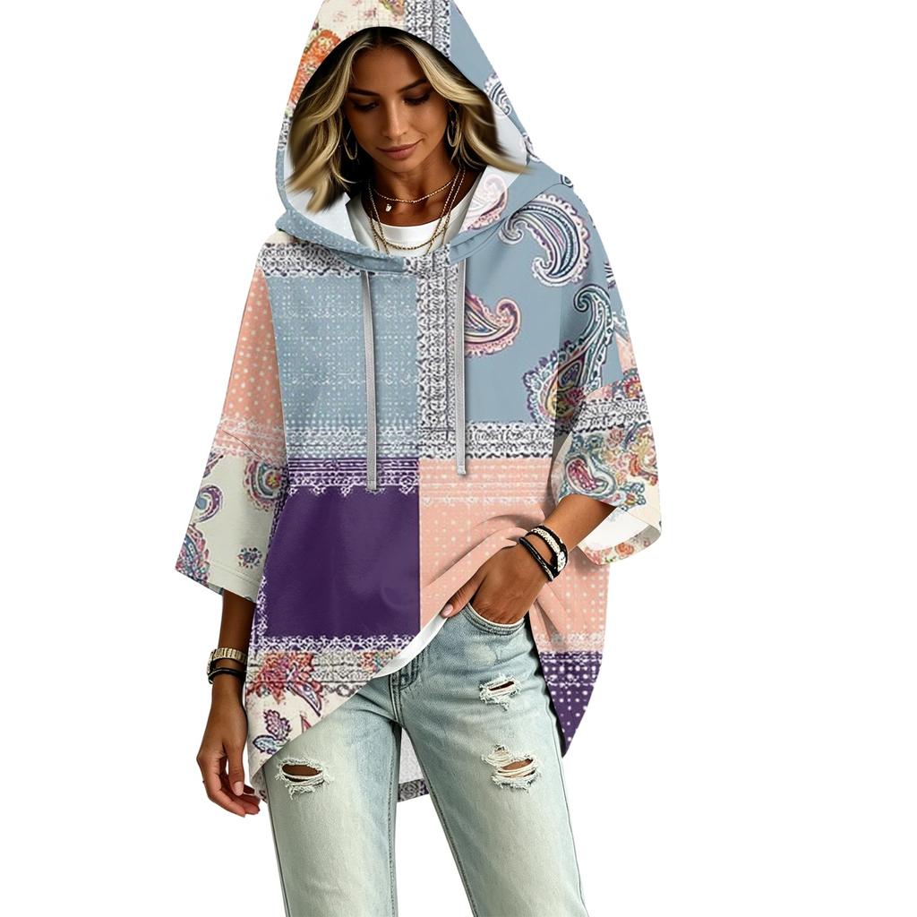 Women's Three-Quarter Sleeve Hooded Pullover Top with Patchwork Print for Casual Wear