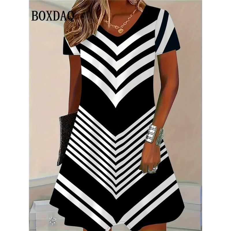 Summer 3D Print Dresses Women Fashion Pullover Short Sleeve V-Neck Dress Casual Retro Flowers Loose Plus Size Female Clothing