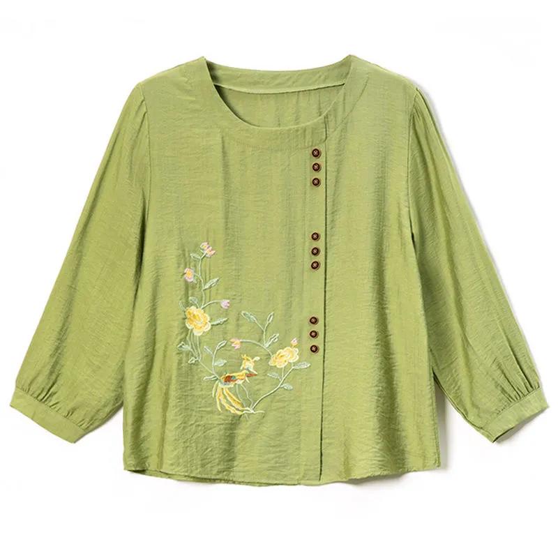 Women's Spring Seven-quarter Sleeve Plus Size Cotton Linen Shirt Middle-aged Retro Embroidery Design Comfortable Tops