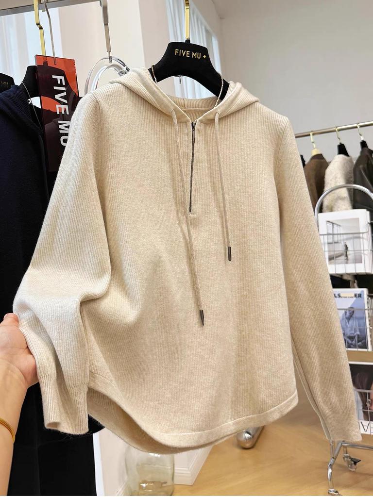 Cross-Border Solid Color Korean High-End Hooded Half-Zip Women's Long Sleeve Autumn Winter Pullover Base Layer Shirt