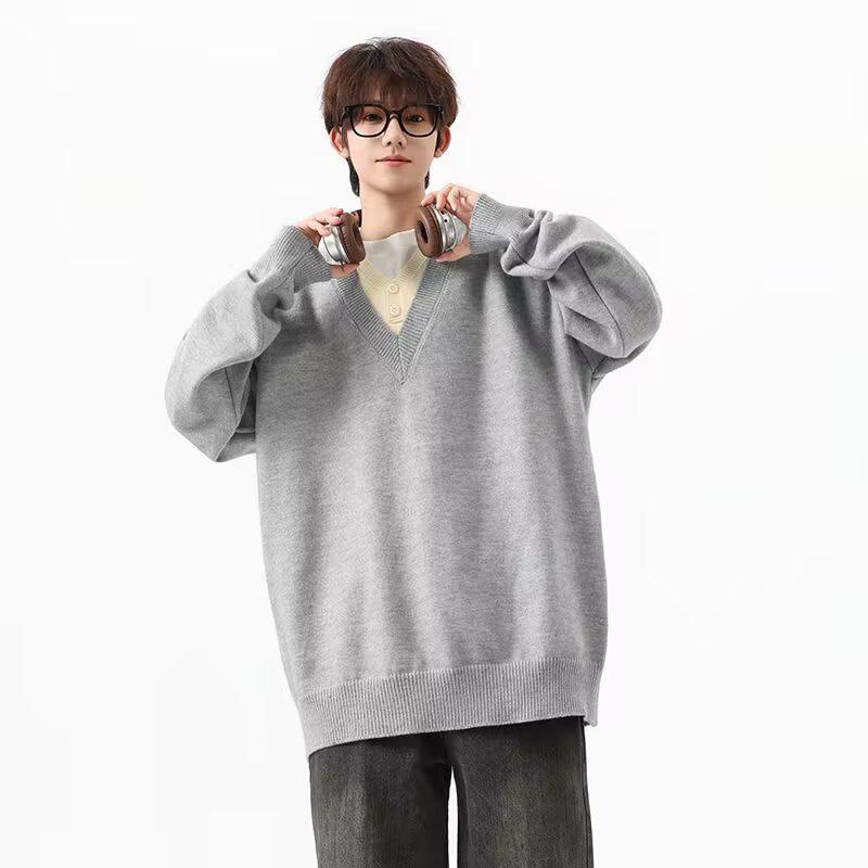 Men s Retro V-Neck Knit Polo Sweater - Two-Piece Look, Loose Fit, Long Sleeves, Autumn/Winter Style XXL