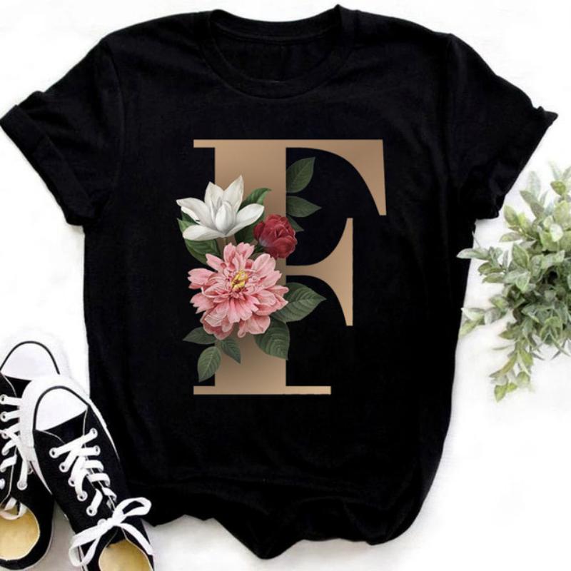 Fashion Golden 26 Letters Flower Harajuku Print Ladies T-shirt Casual Basics O-collar Black Shirt Short Sleeve Ladies T-shirts