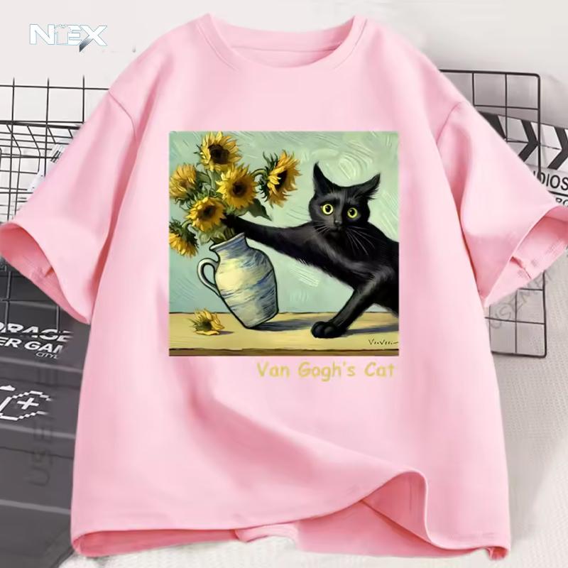 Van Gogh's Cat Art Print T Shirt Funny Graphci T Shirts Cotton Trendy Summer Loose Short Sleeved T-shirt Men Women Harajuku Top