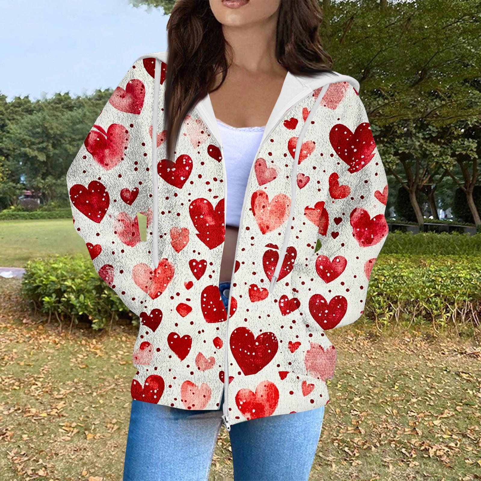 

Женская мода повседневная куртка-кардиган с длинным рукавом и принтом ко Дню святого Валентина с карманом на молнии XL арбуз красный