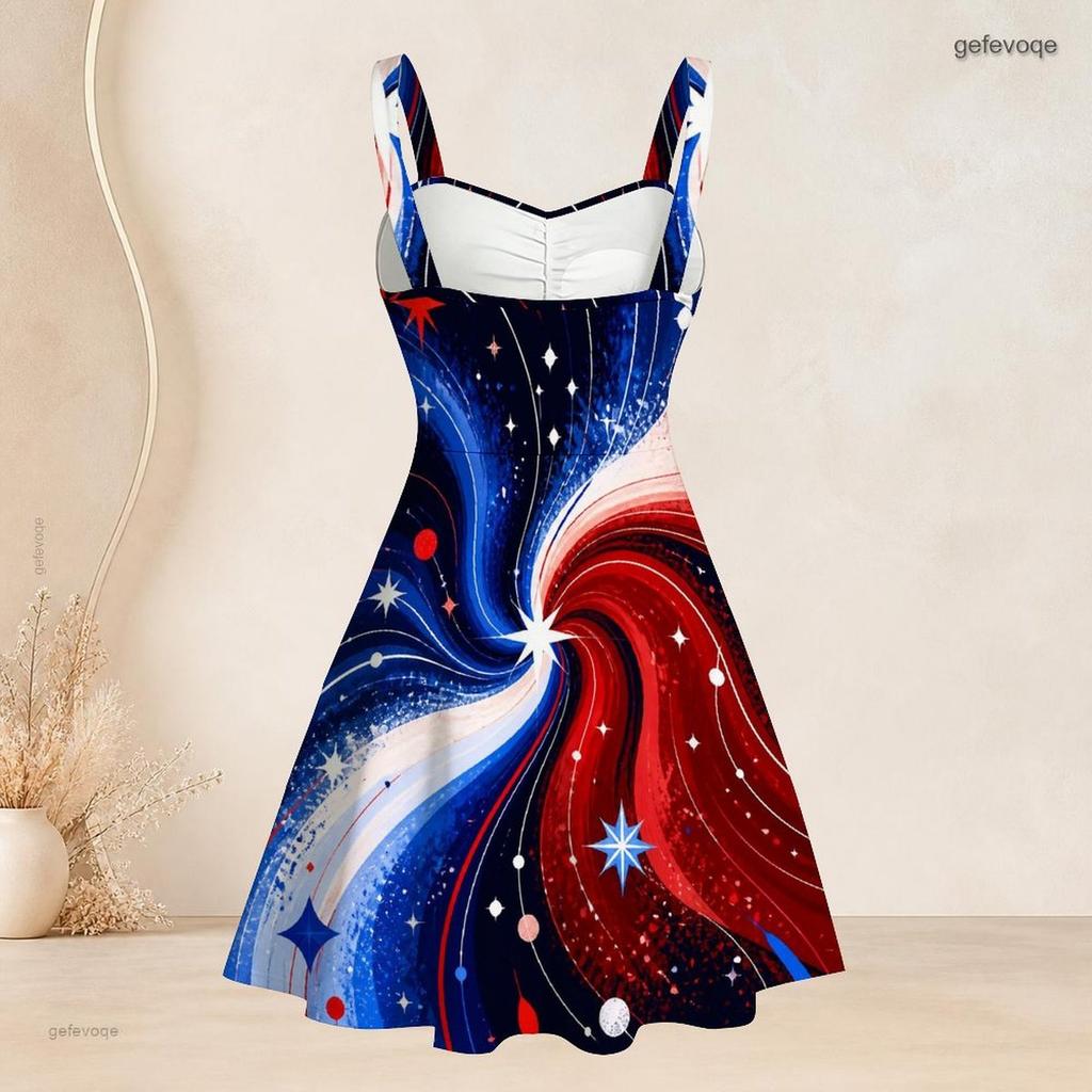 Women Plus Size Square Neck Sleeveless Strappy Dress American Eagle Flag Printed Fitted Waist Flared Hem