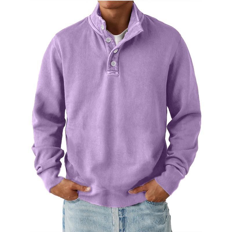 Men's Washed Henley Long Sleeve Sweatshirt Casual Button Placket Stand Collar Pullover