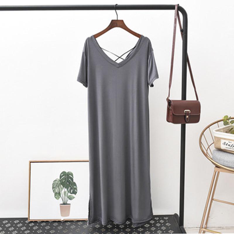 Modal Casual V-neck Dress for Women Summer Backless Cross Tie Short Sleeve Dress Solid Loose Breathable Lightweight Comfortable Plus Long Dress