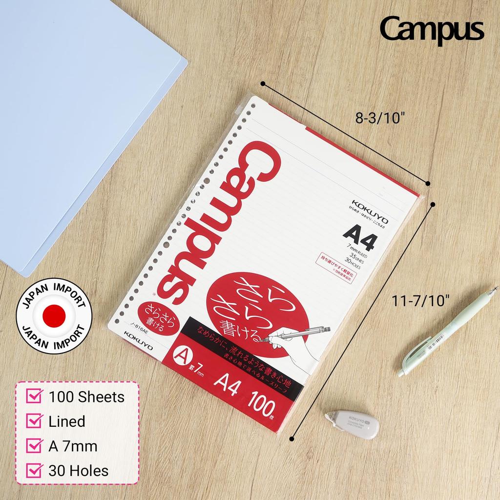 KOKUYO Campus Loose Leaf Paper A4 Ruled Smooth Writing 100 Sheets No-816AE