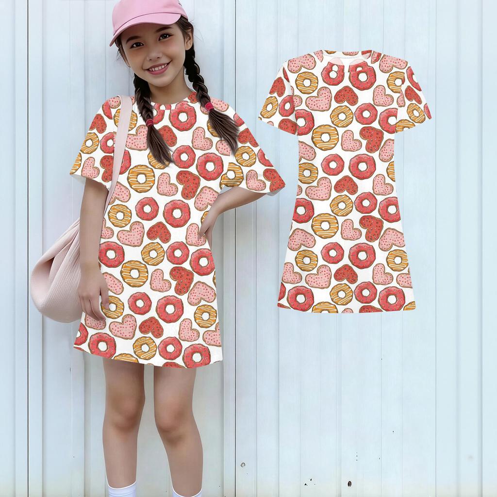 Girls Print Casual Dress Kids Loose Round Neck Short Sleeve Thin Sundress