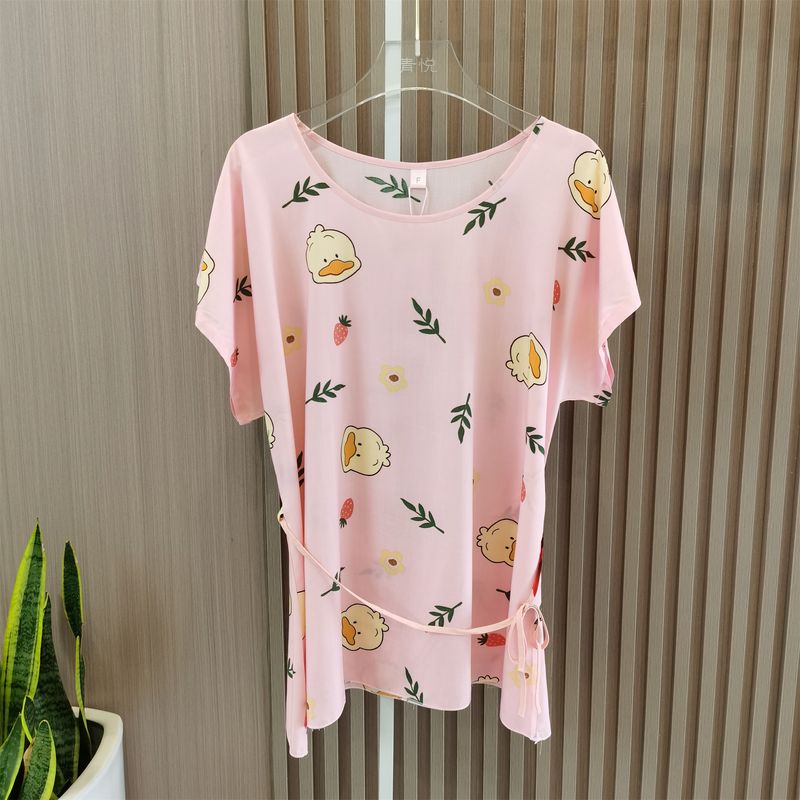 Summer Cotton Silk Pajamas Women's Suit Loose Thin Lace Up Homewear Plus Size Ladies Plus Size Artificial Cotton Short Sleeve Two-piece Set