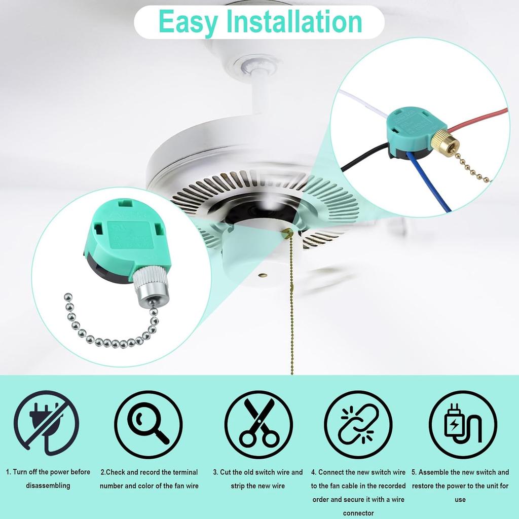 Ceiling Fan Switch ZE-268S6 3 Speed 4 Wire, Switch Control Replacement for Ceiling Fans, Hampton Bay Fans, Hunter Fans, and Standing Fans, Wall Lamps