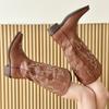 Cowhide~ He Sui versatile leather western cowboy boots women's thick heel embroidered knight boots retro mid-tube riding boots