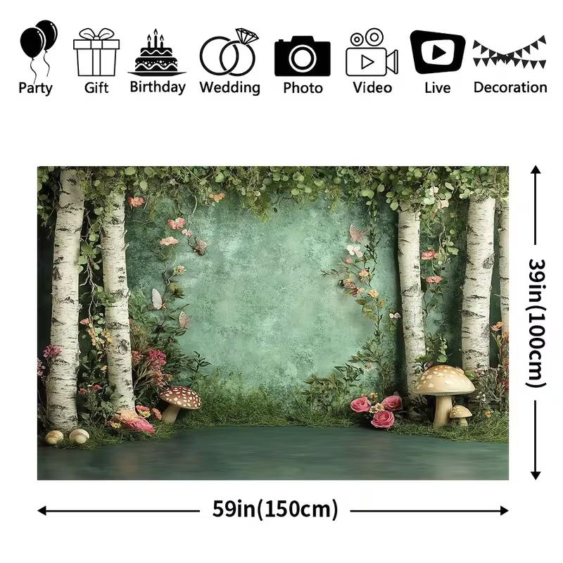 2D Whimsical Forest Birch Mushroom Tapestry Green Nature Scene Wall Art for Baby Shower