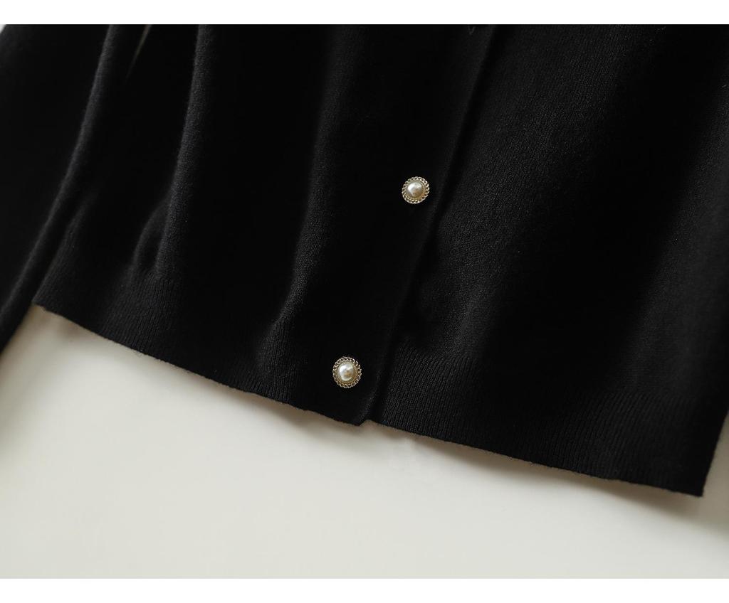 Women's Black Hand-Beaded Patchwork Long Sleeve Sweater Coat - Spring/Autumn 2026 Elegant Knitwear