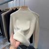 Women's Winter Velvet-Lined Knit Pullover Sweater - Half-High Collar, Solid Color, Warm Inner Top