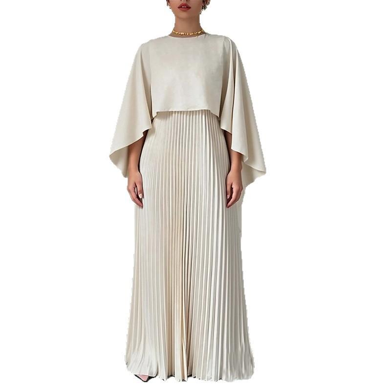 2026 Womens Elegant Solid Color Round Neck Pleated Slim Fit Casual Dress Set With Batwing Sleeves