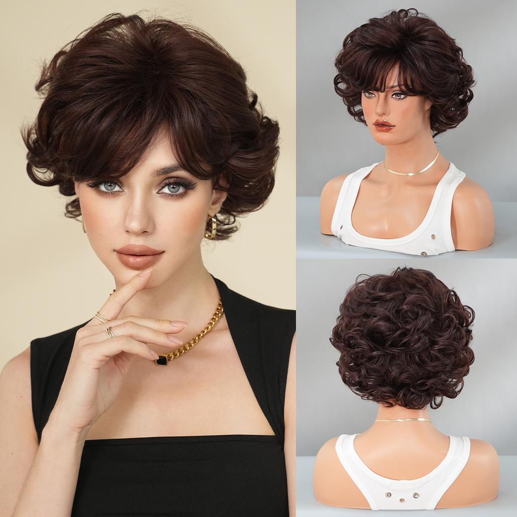 European American Pixie Short Wig for Women - 70s 80s Retro Style Gray Highlighted Short Hair, Summer Cool Synthetic Full Cap Wig, 2 Colors Available