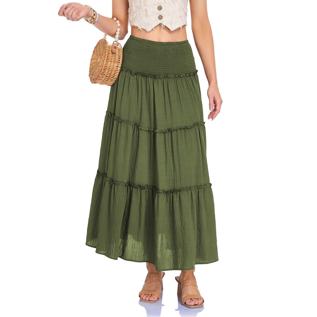 Women's Fashion  Pleated Floral Print Elastic Waist  Loose Splicing A Line Pocket Skirt